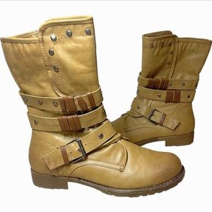 Leather Boots Strappy Wrap Around Buckle Straps Combat Moro Boots Blonde Tan